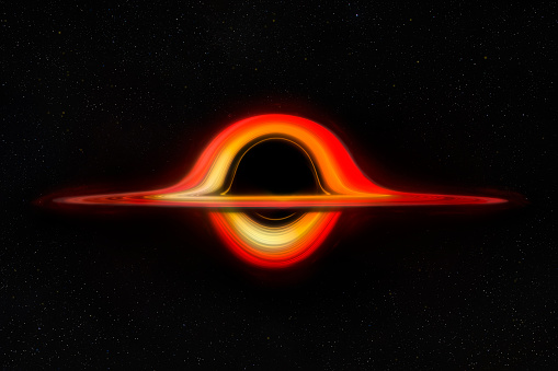 Photo and illustration mixed technical of a black hole. A black hole is a region of spacetime where the gravity is so powerful