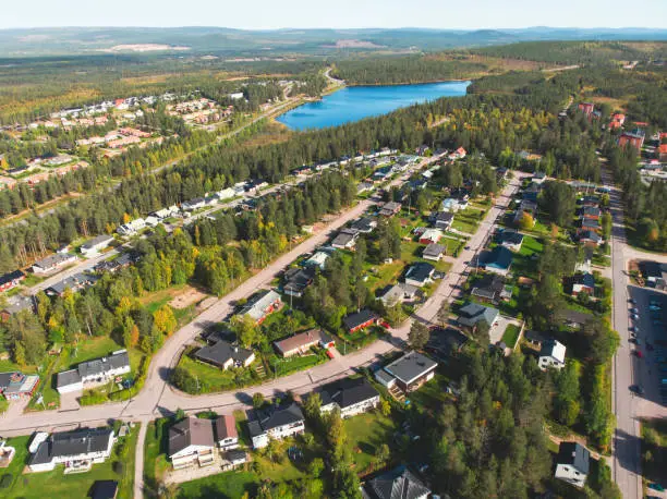 Aerial summer sunny view of Gallivare town, a locality and the seat of Gallivare Municipality in Norrbotten County, province of Lapland, Sweden"n