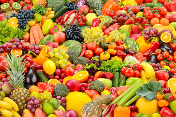 istock Bright background for backdrop healthy fruits and vegetables. 1206517216