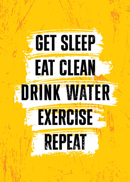 Get Sleep. Eat Clean. Drink Water. Exercise. Repeat. Sport Workout Grunge Motivation Typography Poster Inspiring Illustration On Textured Background gym designs stock illustrations