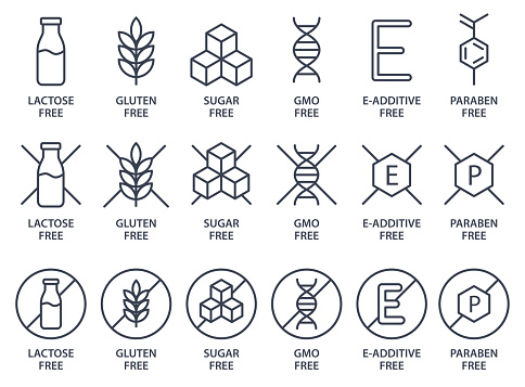 Set of icons - Lactose Free, Gluten Free, GMO Free, Paraben free, Food additive, Sugar free. Vector illustration.
