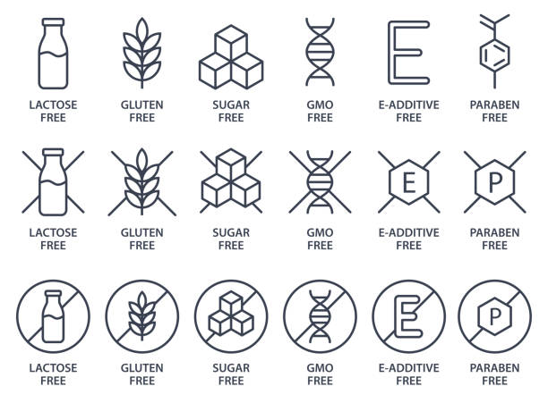 Set of icons - Lactose Free, Gluten Free, Sugar Free, GMO Free, E-additive Free, Paraben free. Vector illustration. Set of icons - Lactose Free, Gluten Free, GMO Free, Paraben free, Food additive, Sugar free. Vector illustration. food additive stock illustrations