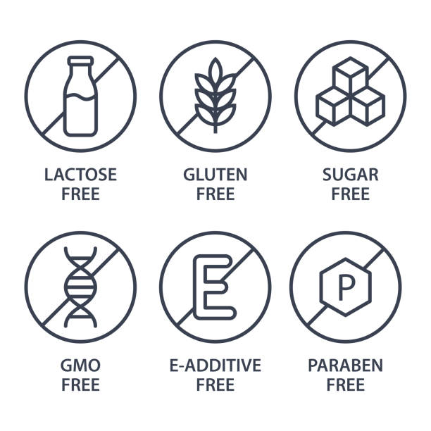 Set of icons - Lactose Free, Gluten Free, Sugar Free, GMO Free, E-additive Free, Paraben free. Vector illustration. Set of icons - Lactose Free, Gluten Free, GMO Free, Paraben free, Food additive, Sugar free. Vector illustration. lactose fermentation stock illustrations