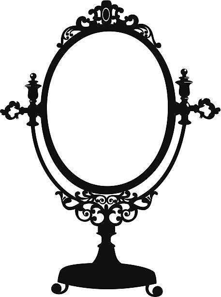 Silhouette of antique makeup mirror Silhouette of retro oval cosmetic mirror. Vector illustration isolated on white. picture frame frame ellipse black stock illustrations