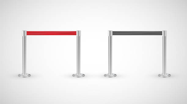 istock Red carpet vip entrance restriction vector, metallic poles with red ribbon to forbid passage, isolated on white background. Retractable belt stanchion for events, entertainments to keep the crowd away 1206524690