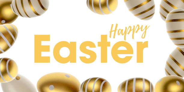 easter background white. easter composition: golden shine decorated eggs in shape frame. for greeting card, promotion, poster, - easter remote blue cute imagens e fotografias de stock