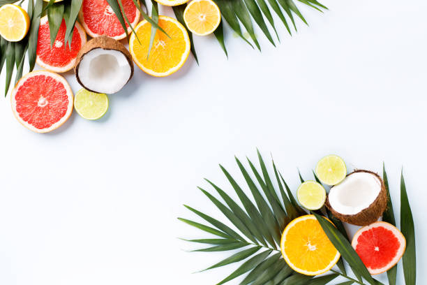 istock Summertime tropical background with exotic fruits 1206526531