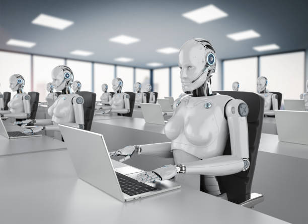 istock Female cyborgs in office 1206531704