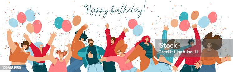 istock Happy birthday concept with celebrating cheerful, joyfull people with baloons, raided hands, smiling and confetti. Happy people dance and celebrate frends birthday. festivity people 1206531950