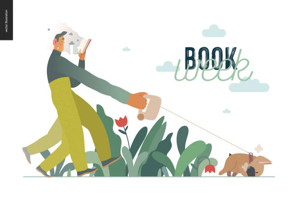 World Book Day, grass World Book Day graphics, dog walk template, book week events. Modern flat vector concept illustrations of reading people -a young man reading a book with enthusiasm, walking a bulldog pulling a leash bulldog reading stock illustrations