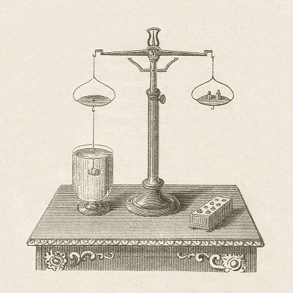Hydrostatic balance for the determination of specific gravity. Woodcut engraving, published in 1877.