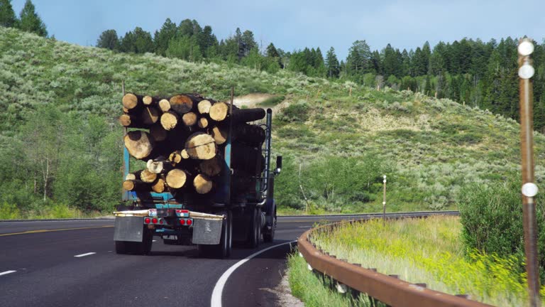 A Logging Truck with a Full Load Drives Slowly along a Highway in the Mountains of Wyoming on a Sunny Day