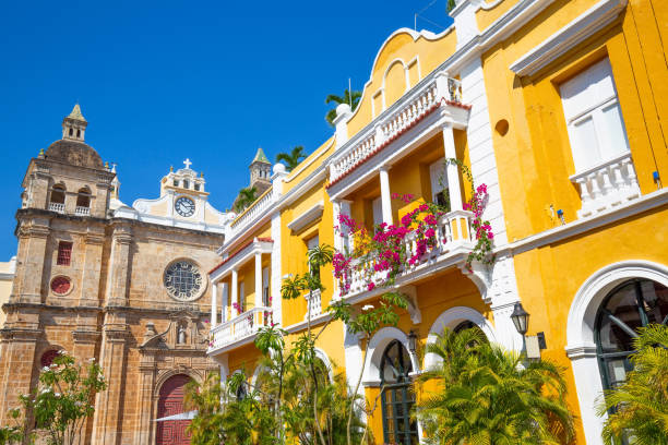 Famous colonial Cartagena Walled City (Cuidad Amurrallada) and its colorful buildings in historic city center, designated a UNESCO World Heritage Site stock photo