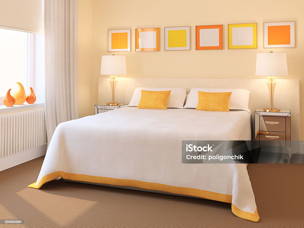 Modern bedroom interior. Modern bedroom interior. 3d render. Bed - Furniture Stock Photo