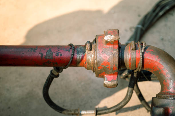 Close-up at hammer connection joint of heavy pipeline that used to pumping fluid in oil field operation. The pipeline is secured with safety sling.