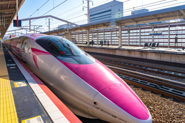 Hello Kitty Shinkansen bullet train, service on Sanyo Shinkansen line. Operated by West Japan Railway Company ( JR West ). Himeji city, Hyogo Prefecture, Japan