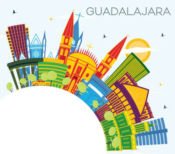 Vector illustration of Guadalajara Mexico City Skyline with Color Buildings, Blue Sky and Copy Space.