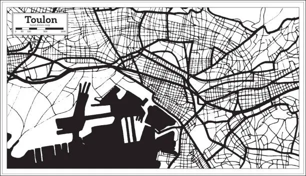 Vector illustration of Toulon France Map in Black and White Color.