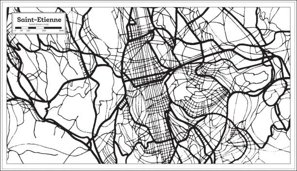 Vector illustration of Saint Etienne France Map in Black and White Color.