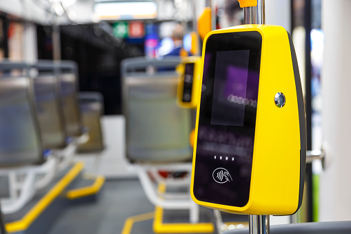 Transport POS-terminal. Payment for travel in transport. Validator for applying the ticket. Non-cash transport payment. Contactless travel payment by credit card. Public city passenger transport.