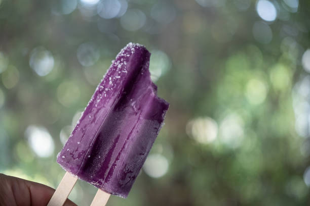 istock Bite of grape flavored popsicle against blur nature background 1206570196