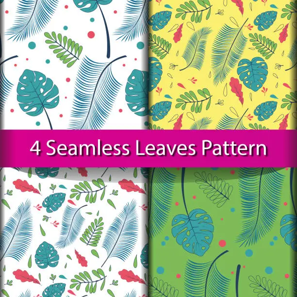 Vector illustration of 4 set seamless graphical leaves bright pattern