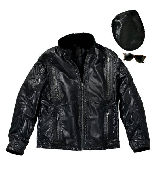 istock Leather jacket and sunglasses with hat isolated on white background 1206572472