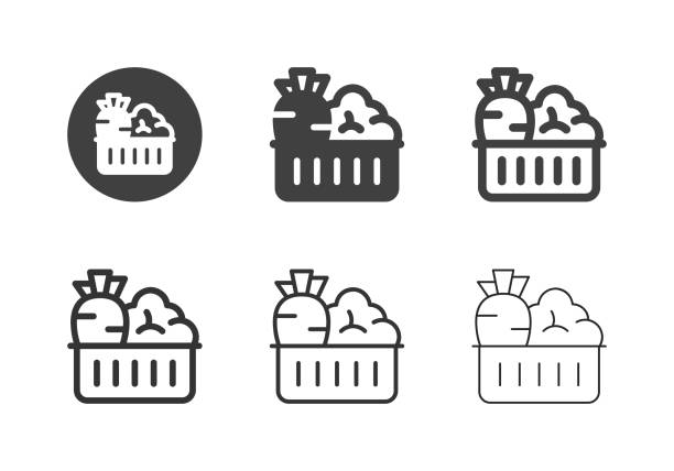 illustrazioni stock, clip art, cartoni animati e icone di tendenza di icone vegetali nel cestino - serie multi - frutta immagine
