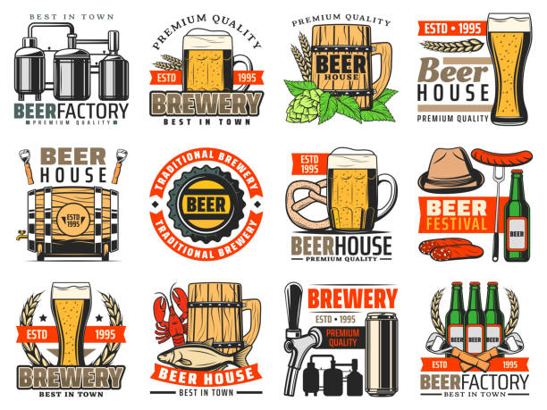 크래프트 맥주 머그잔, 병, 안경, 탭 및 배럴 - mug beer barley wheat stock illustrations