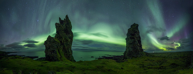 Aurora Borealis (Northern Lights) above Rock trolls