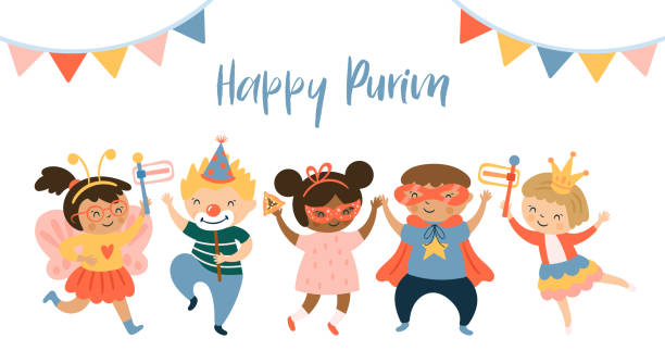 Purim carnival greeting card design with cute children characters. Childish print for card, stickers and party invitations. Vector illustration Purim carnival greeting card design with cute children characters. Childish print for card, stickers and party invitations. Vector illustration mask disguise illustrations stock illustrations