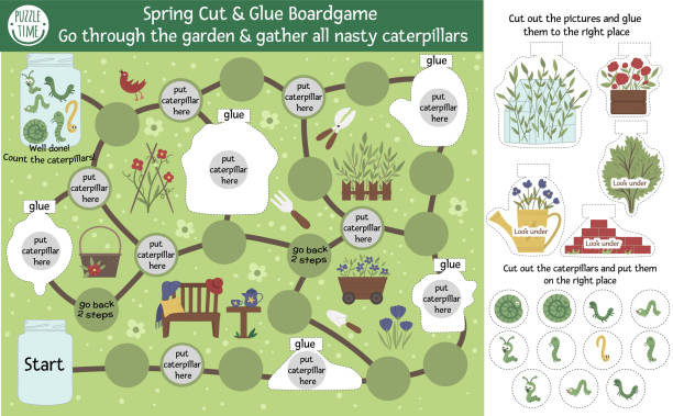 istock Garden adventure cut and glue board game for children with cute characters. Educational spring boardgame activity. Go through the garden and gather all the nasty caterpillars 1206580835