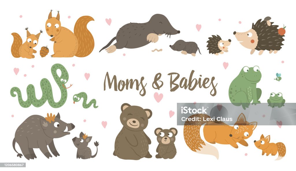 Vector Set Of Hand Drawn Flat Baby Animals With Parents Funny Woodland  Animal Scene Showing Family Love Cute Forest Animalistic Illustration For  Motherâs Day Design Stock Illustration - Download Image Now - iStock