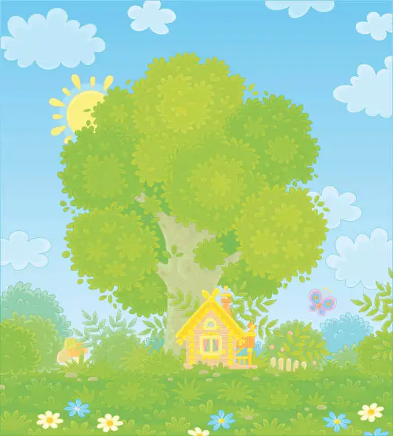 Vector illustration of Small wooden house under a big tree