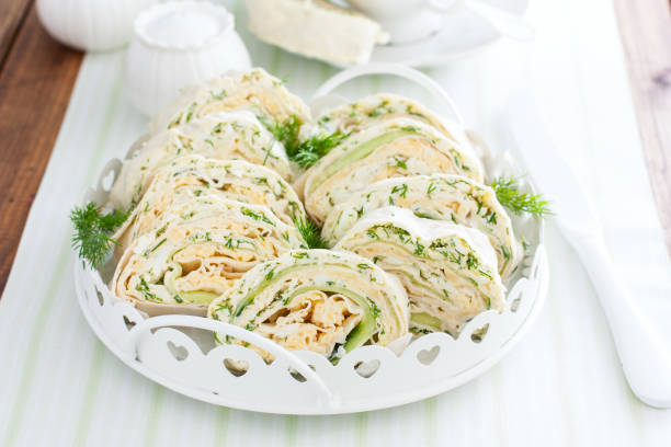 istock Spring pita roll with fresh cucumber, egg and cheese on a white dish with fresh herbs, horizontal 1206584157