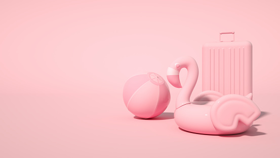 3d rendering of inflatable flamingo and beach ball on pink color background, minimal summer and travel concept.
