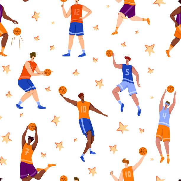 illustrations, cliparts, dessins animés et icônes de modèle sans couture de joueurs de basket-ball - backgrounds black seamless textured