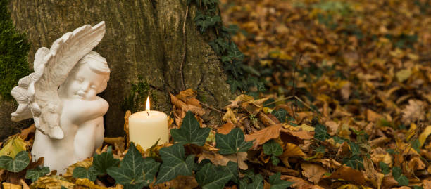 entierro del bosque, ángel con velas en el tronco del árbol - praying forest freedom tree fotografías e imágenes de stock