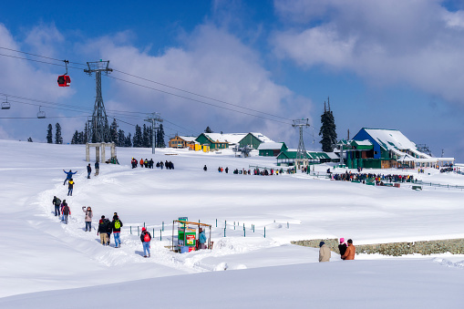 Gulmarg, Jammu and Kashmir, India January 3rd 2019 : Tourist coming to enjoy cold winter ski resort in Gulmarg