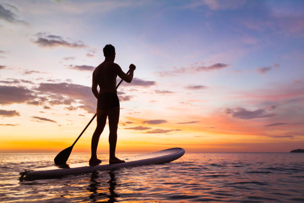 het silhouet van de peddelraad van sup bij zonsondergang - paddle surfing stockfoto's en -beelden