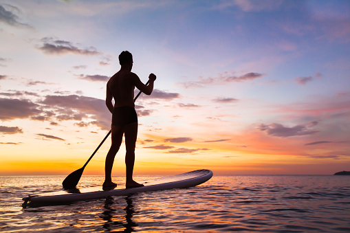 SUP paddle board silhouette at sunset