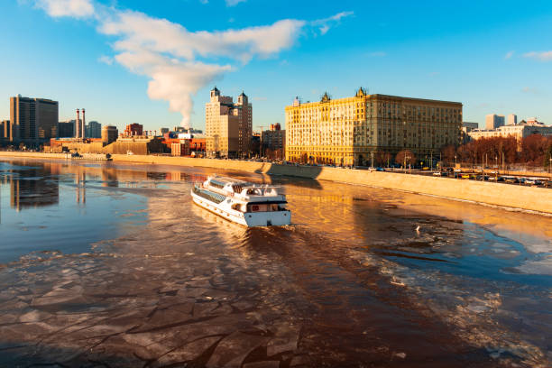 icebreak boat sunset dramatic sky on Moscow river