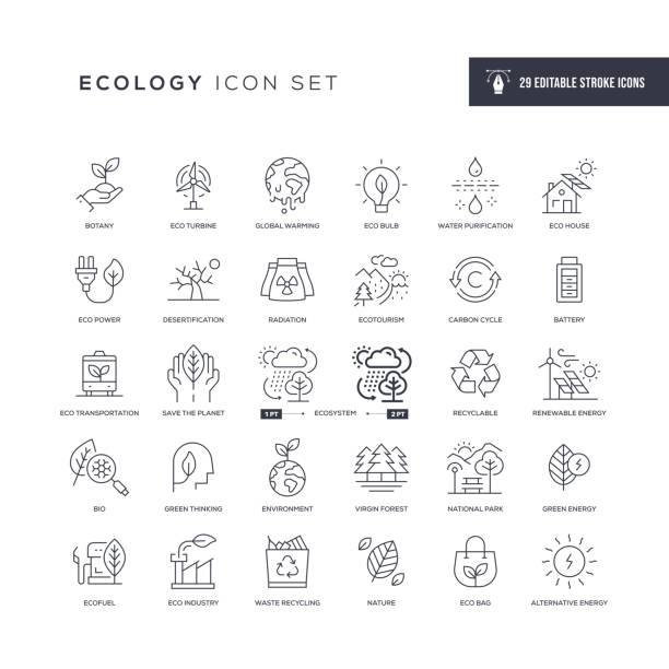 illustrazioni stock, clip art, cartoni animati e icone di tendenza di icone della linea di tratto modificabile in ecologia - ambiente immagine