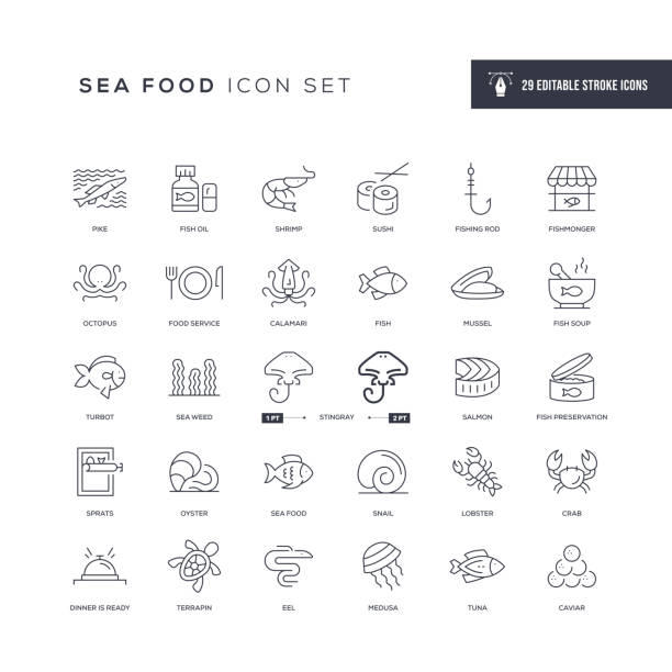 ilustraciones, imágenes clip art, dibujos animados e iconos de stock de iconos de línea de trazos editables de sea food - seafood salmon ready to eat prepared fish