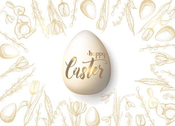 весенняя пасхальная открытка с нарисованным вручную золотым пасхальным яйцом, шоколадным кроликом, лилиями долины, тюльпаном, подснежнико - easter egg retro revival tulip decoration stock illustrations