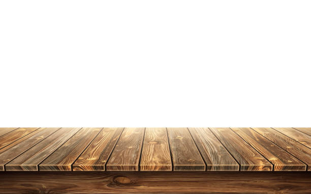 Wooden table top with aged surface, realistic Wooden table top with aged surface, realistic vector illustration. Vintage dining table made of darkened wood, realistic plank texture. Empty desk top isolated on white wall. wood stock illustrations