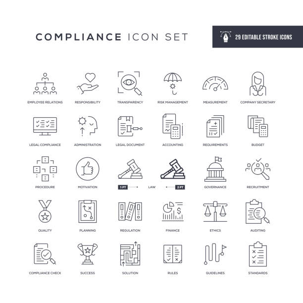 ilustraciones, imágenes clip art, dibujos animados e iconos de stock de iconos de línea de trazo editables de cumplimiento - compliance