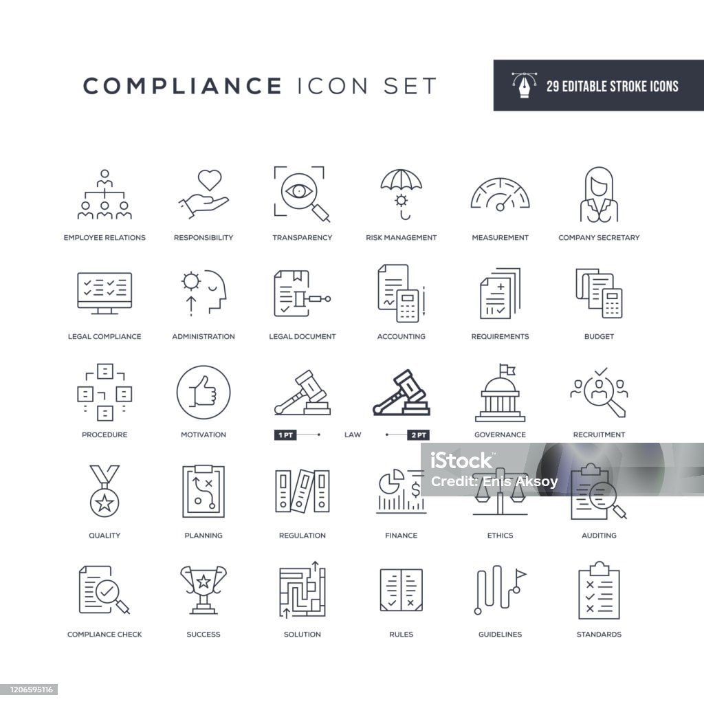 Compliance Editable Stroke Line Icons 29 Compliance Icons - Editable Stroke - Easy to edit and customize - You can easily customize the stroke with Icon stock vector
