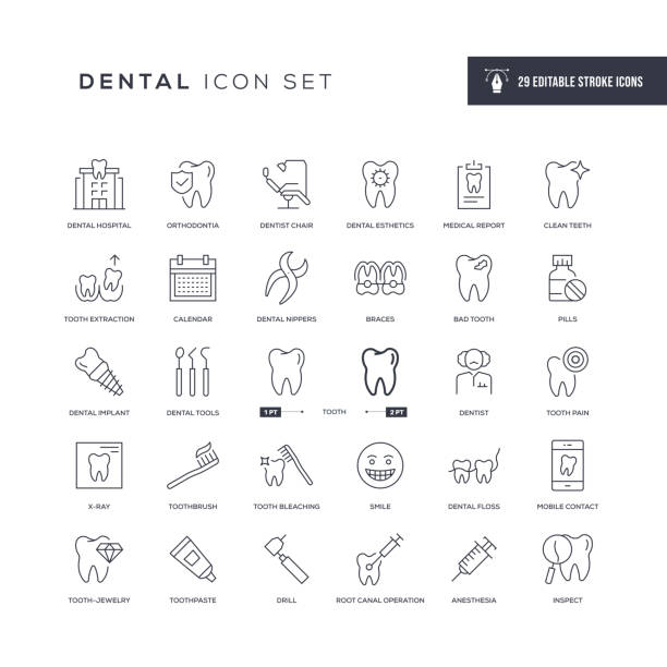dental editierbare strichlinie icons - dentists chair dental equipment dentist office dental drill stock-grafiken, -clipart, -cartoons und -symbole