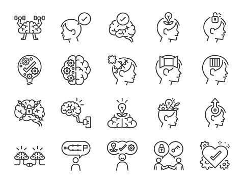 Mindset icon set. Included icons as idea, think, creative, brain, moral, mind, kindness and more.
